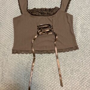 Cider Brown Ribbed Crop Tank Top with Tie Front